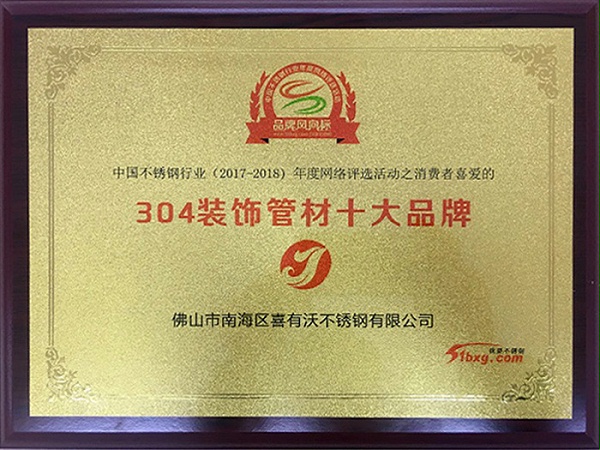 金喜獲得304裝飾管材十大品牌榮譽